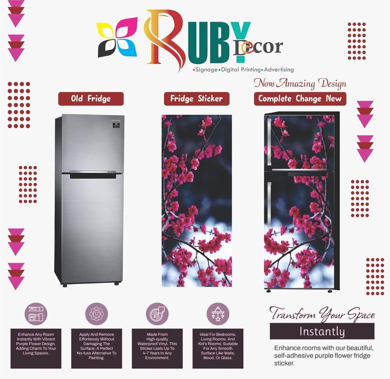RUBY Decor Ruby Décor Decorative Beautiful Purple Flower Design Sticker Refrigerator Door Sticker PVC Vinyl Fridge Wrap Sticker for Home (120 cm x 60 cm or 48 X 24 Inches) - Image 5