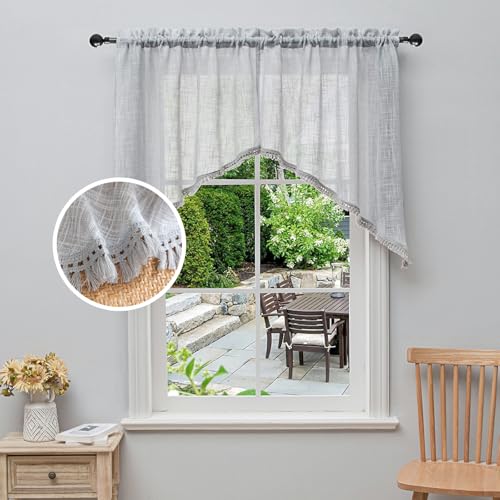 BD BEDA HOME Beda Home Tassel Linen Textured Swag Curtain Valance for Farmhouses’ Kitchen; Light Filtering Rustic Short Swag Topper for Small Windows Bedroom Privacy Added Rod Pocket Design (Lt Grey 36x36-2PCs) - Image 1