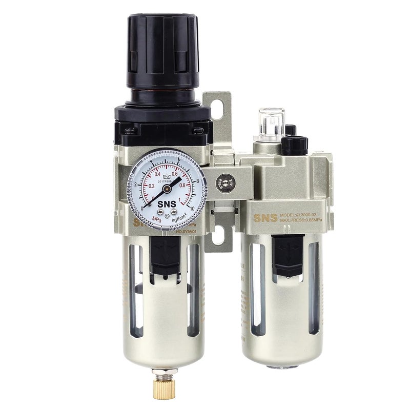 Sns 3/8" NPT Compressed Air Filter Regulator Lubricator Two Units Combo FRL Water/Oil Trap Separator, Semi-auto Drain, Gauge and Bracket, Poly Bowl with Metal Guard AC3010-N03A - Image 1