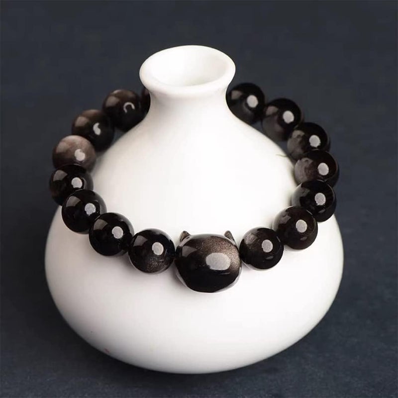 كلاراكو سوار سحري من حجر الأوبسيديان الفضي الطبيعي على شكل قطة لطيفة للحماية، سوار سحري من خرز الأوبسيديان على شكل قطة، سوار من كريستال الأوبسيديان الأسود 8/10 مم، هدية مجوهرات مضادة للقلق وتخفيف التوتر، للجنسين (قطعة واحدة - ذهبي (10 مم)) - Image 3