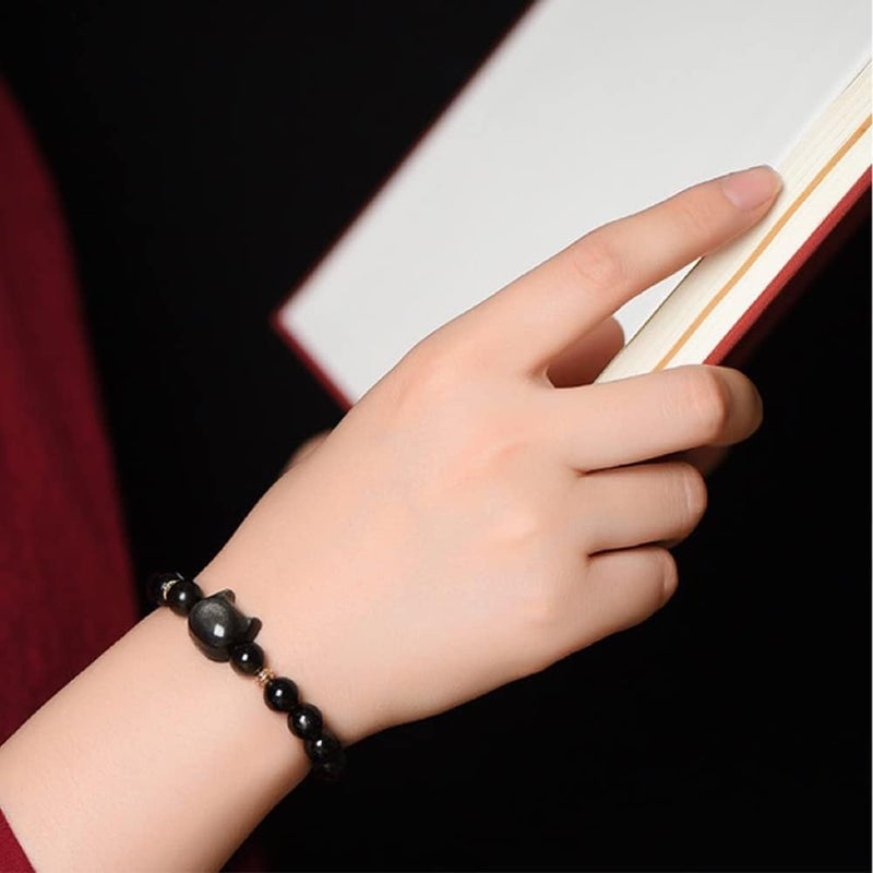 كلاراكو سوار سحري من حجر الأوبسيديان الفضي الطبيعي على شكل قطة لطيفة للحماية، سوار سحري من خرز الأوبسيديان على شكل قطة، سوار من كريستال الأوبسيديان الأسود 8/10 مم، هدية مجوهرات مضادة للقلق وتخفيف التوتر، للجنسين (قطعة واحدة - ذهبي (10 مم)) - Image 2