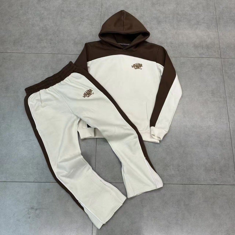 Synaworld American Style New Embroidered Logo Stitching fleece-lined Hooded Sweat Micro-Sweat Pants Casual suit Trendy Apricot splicing set 
