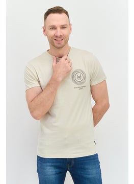 Men Crew Neck Short Sleeve Graphic Print T-Shirt, Light Beige