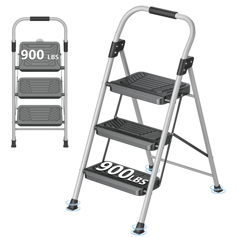 DIAMONDFORGE 3 Step Ladder, Folding Step Stool with Anti-Slip Wide Pedal, Soft Handle, Anti-Slip Feet, Sturdiest Steel Construction, 900lbs Capacity Steel Ladder for Home and Office, GrayBlack - Image 1