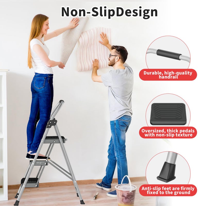 DIAMONDFORGE 3 Step Ladder, Folding Step Stool with Anti-Slip Wide Pedal, Soft Handle, Anti-Slip Feet, Sturdiest Steel Construction, 900lbs Capacity Steel Ladder for Home and Office, GrayBlack - Image 5
