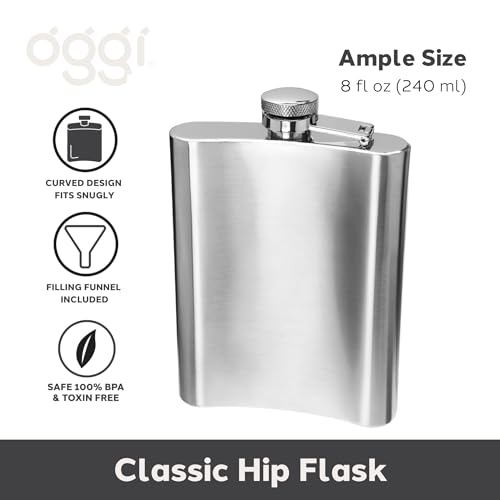 OGGI Stainless Steel Hip Flask- 8oz Liquor flask, Flask Funnel Included, Sleek Flask for Women & Men, Alcohol Gifts - Image 2