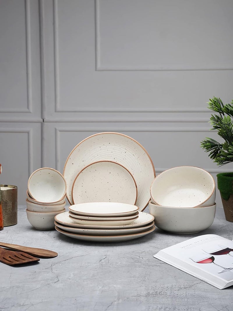 MIAH Decor Handcrafted Stoneware Dinner SetPack of 144 Dinner Plates 4 QuarterSide Plates 4 Dinner Bowls 2 Serving BowlsCream with Brown RimMatte FinishCeramic MD496 - Image 1