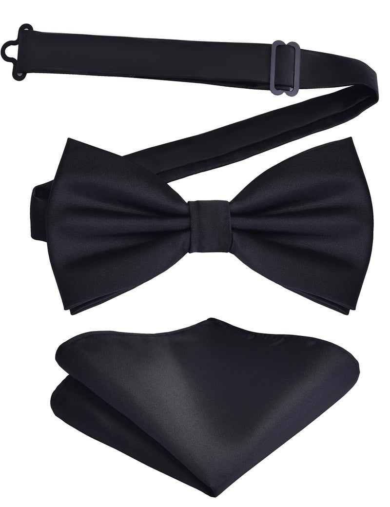 Branduce Mens Silk Black Bow Tie and Pocket Square Set for Wedding Pre-tied Adjustable Formal Tuxedo Solid Bowtie Handkerchief (BB01-07) - Image 1