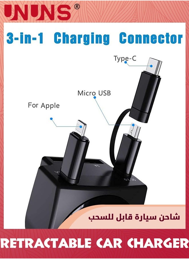 UNUNS Retractable Car Charger,Fast Charge 3.1A 40W,Retractable Cables(3Ft) And 2 USB Ports Car Charger Adapter,Compatible With Cell Phones,Samsung Galaxy,Android,iPhone,iPad,Car Accessories Interior  - Image 2