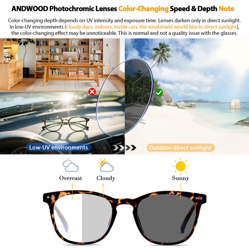 ANDWOOD Photochromic Sunglasses for Women Men UV Protection Blue Light Blocking Glasses Computer Filter Bluelight Blocker Anti Blue Ray - Image 3