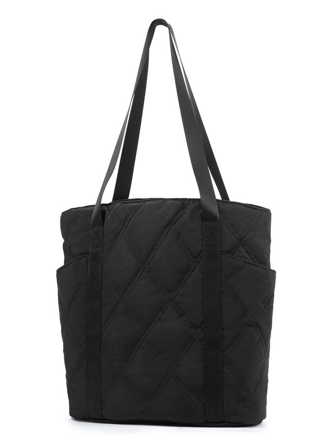 SUPACOOL Tote Bag for Women, Lightweight Puffy Tote Bags with Zipper, Large Quilted Shoulder Bag for Shopping, Work, College (Black) - Image 1