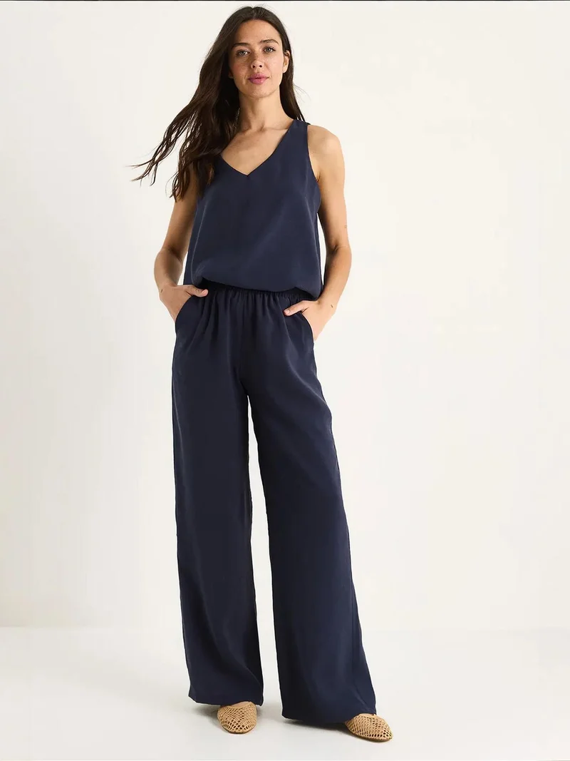 LUCCI V-Neck Cotton Blouse-Pants Two-Piece Set