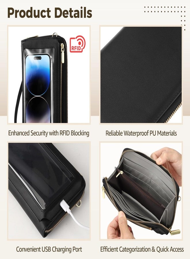 DORMIYA Touch Screen Cell Phone Purse, RFID Blocking Crossbody Phone Purse with USB Charging Port, Detachable Straps, 8 Card Slots, Small Travel Wallet for Women, Black - Image 3