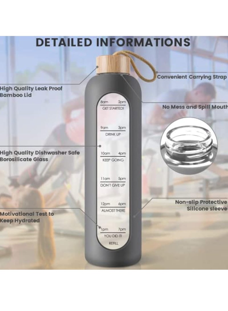 Arabest Glass Water Bottle, 32 Oz Borosilicate Glass Water Bottle with Time Marker, Leak Proof BPA Free Motivational Water Bottle with Silicone Sleeve and Bamboo Lid for Sports, Outdoors (Grey) - Image 2