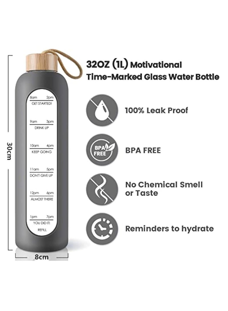 Arabest Glass Water Bottle, 32 Oz Borosilicate Glass Water Bottle with Time Marker, Leak Proof BPA Free Motivational Water Bottle with Silicone Sleeve and Bamboo Lid for Sports, Outdoors (Grey) - Image 4