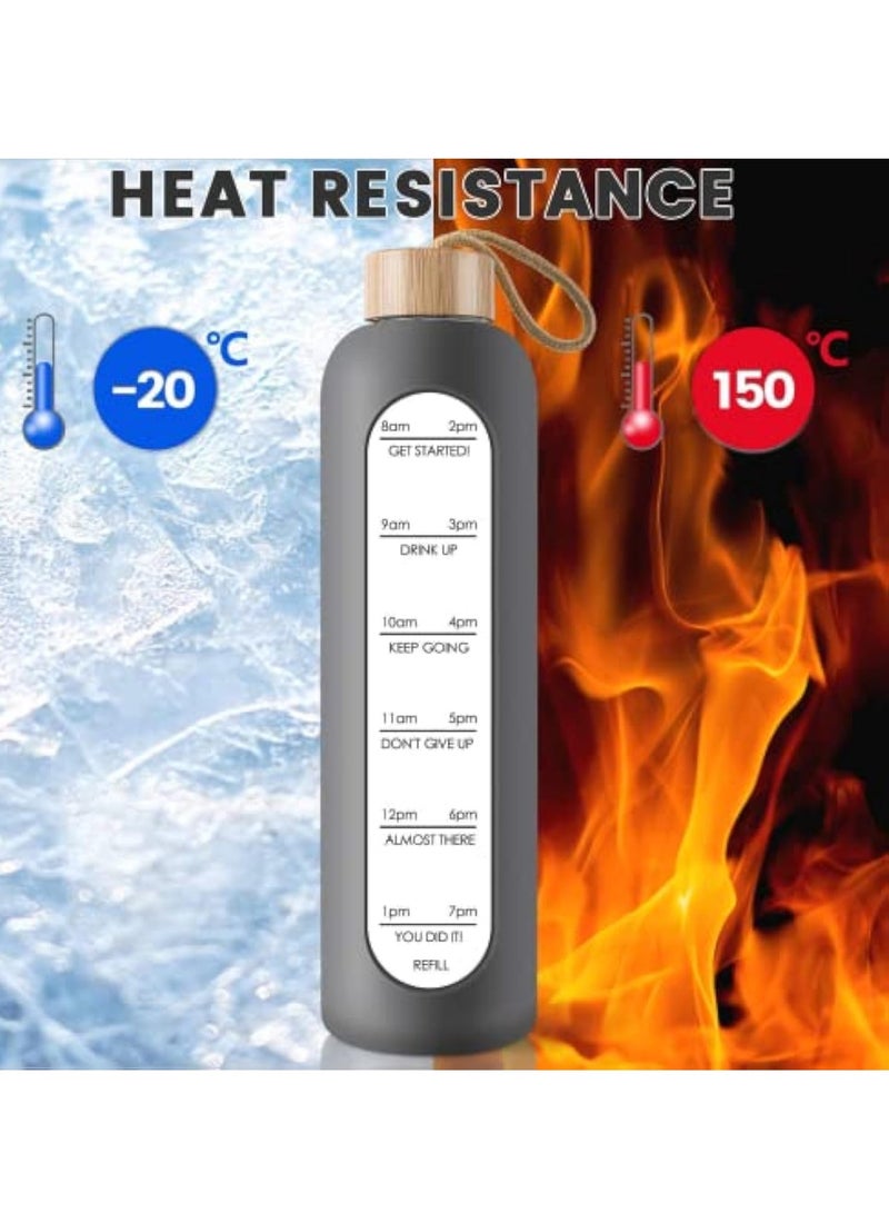 Arabest Glass Water Bottle, 32 Oz Borosilicate Glass Water Bottle with Time Marker, Leak Proof BPA Free Motivational Water Bottle with Silicone Sleeve and Bamboo Lid for Sports, Outdoors (Grey) - Image 5