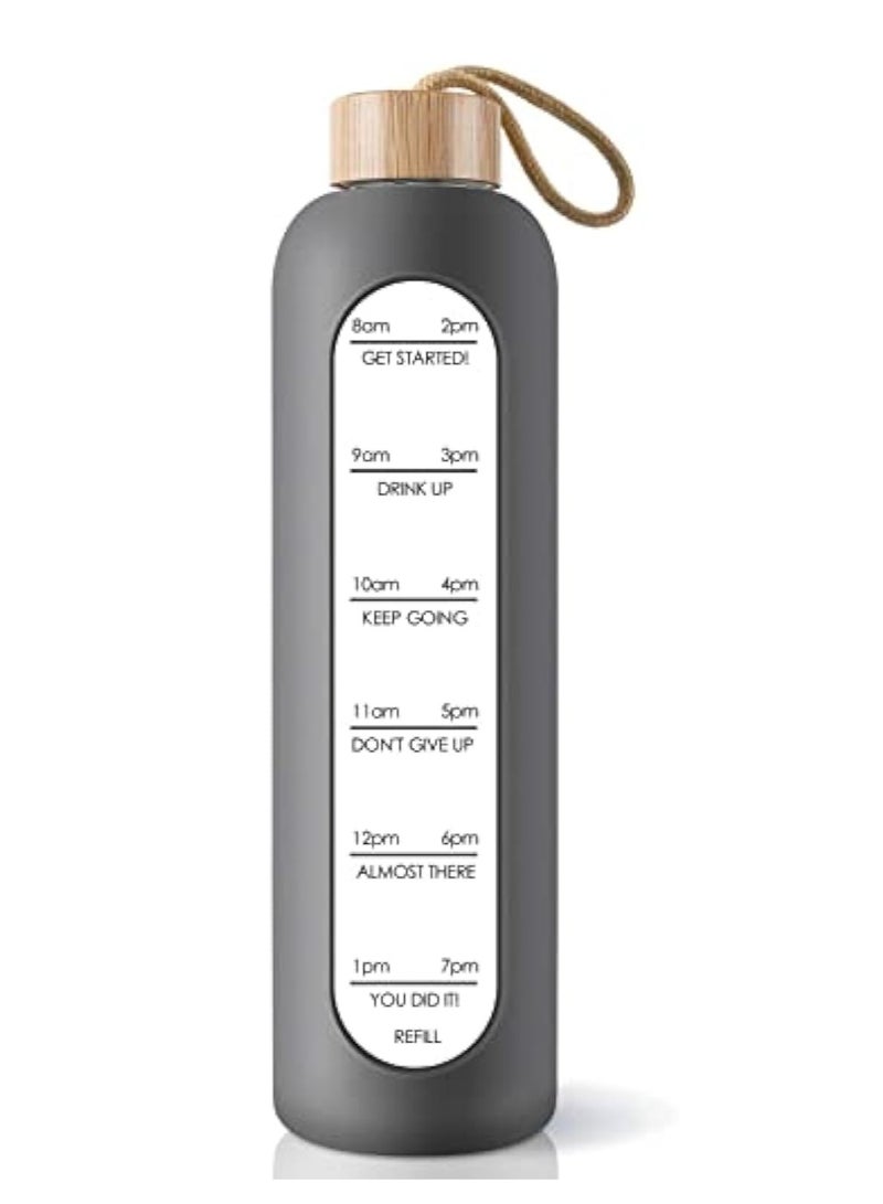 Arabest Glass Water Bottle, 32 Oz Borosilicate Glass Water Bottle with Time Marker, Leak Proof BPA Free Motivational Water Bottle with Silicone Sleeve and Bamboo Lid for Sports, Outdoors (Grey) - Image 1