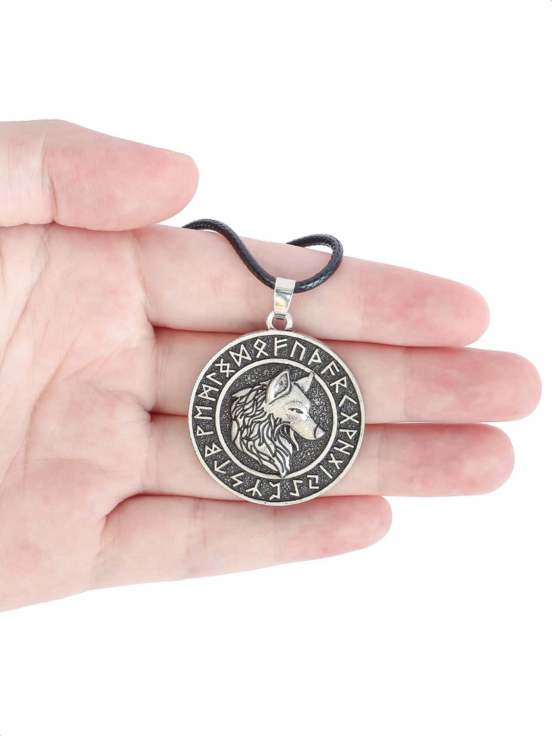 HAQUIL Viking Wolf Necklace, Viking Ancient Runes Medallion with Fenrir Wolf Head Pendant, Faux Leather Cord, Norse Necklace for Men (AD) - Image 2