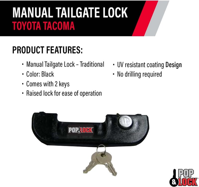 Pop & Lock Manual Tailgate Lock for Toyota Tacoma (1995-2004) - Black, PL5100 - Image 3