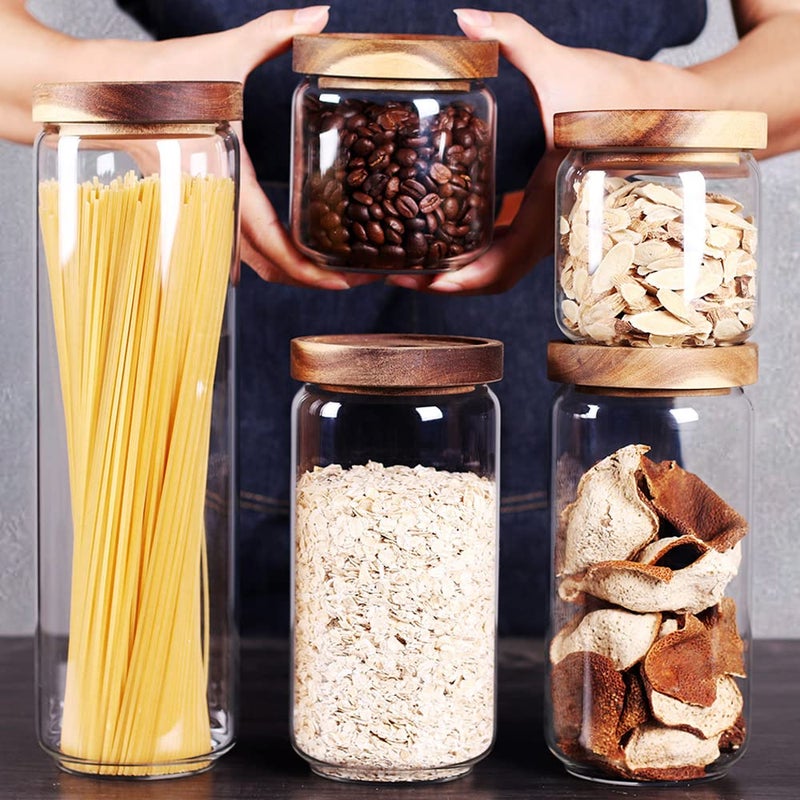 SAIOOL Set of 5 Kitchen CanistersThick Stackable Natural StyleCookie Rice and Spice Jars Sugar or Flour Container Big and Small Airtight Food Jar for Pantry