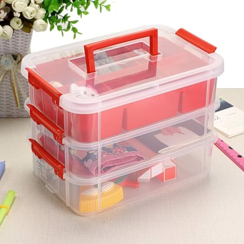 KRYLAR-3-Tiers Stack Carry Storage Box with Divided Tray, Transparent Stackable Storage Bin with Handle Lid Latching Storage Container for School & Office Supplies,jewellery and Multipurpose. - Image 1