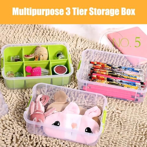 KRYLAR-3-Tiers Stack Carry Storage Box with Divided Tray, Transparent Stackable Storage Bin with Handle Lid Latching Storage Container for School & Office Supplies,jewellery and Multipurpose. - Image 2