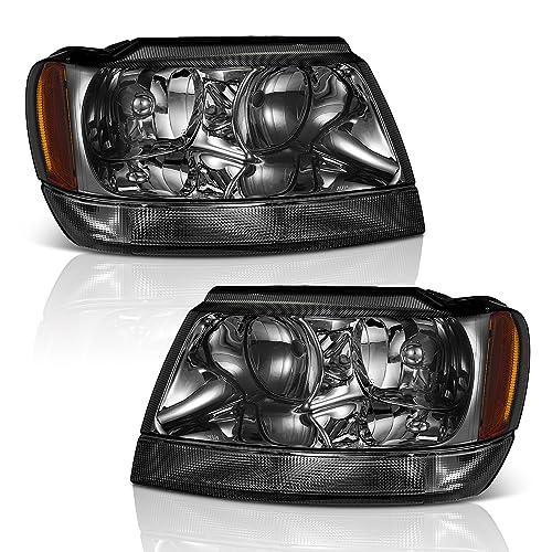 WEELMOTO headlight assembly For 1999-2004 Jeep Grand Cherokee with upgraded smoke lens, glare-resistant UV-resistant anti-fogging headlights assembly replacement for 99 00 01 02 03 04 Grand Cherokee - Image 1