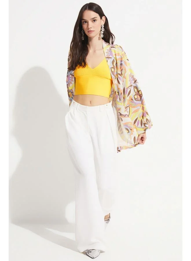 JUNE June Women Exclusive Floral Patterned Linen Blend Woven Kimono&Kaftan Yellow