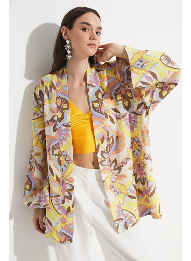 JUNE June Women Exclusive Floral Patterned Linen Blend Woven Kimono&Kaftan Yellow