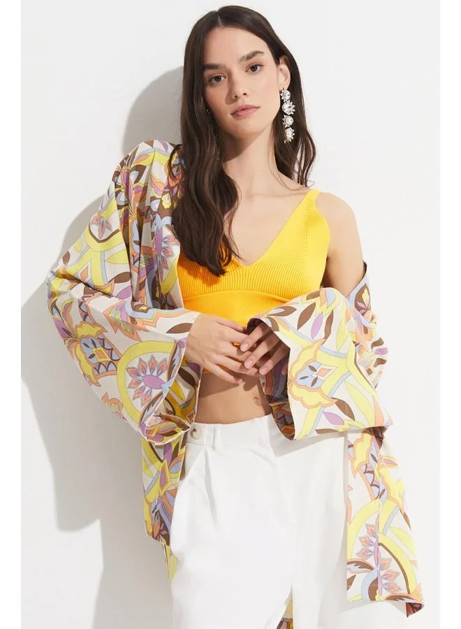 JUNE June Women Exclusive Floral Patterned Linen Blend Woven Kimono&Kaftan Yellow
