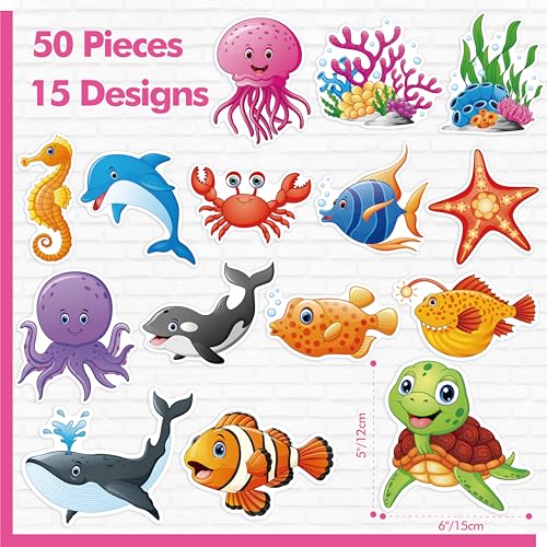 Gethelud 50 PCS Marine Animal Cutouts, Double-Sided Printing Ocean Creature Accents Cut-Outs, Fish & Coral Bulletin Board Classroom Decoration, Under The Sea Themed Party Supplies for Kids Students - Image 2