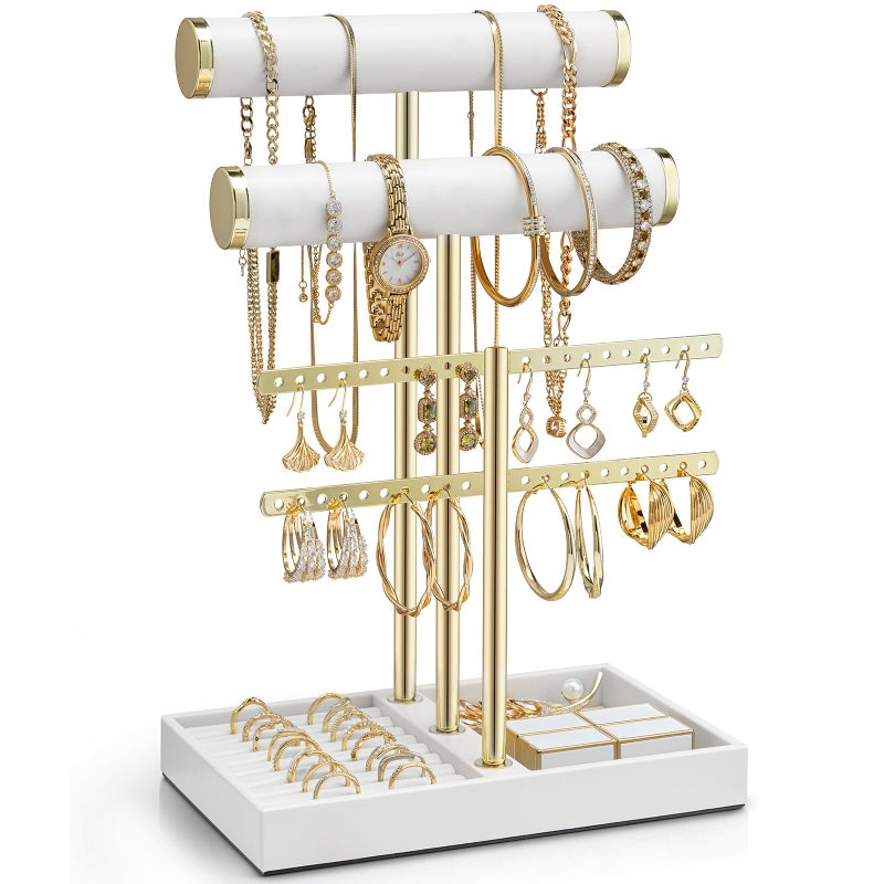 VLANDO 3 Tier Necklace Holder Organizer with Tray Leather Bracelet Holder Display for Women Gold Jewelry Stand for Bracelet Necklace Earrings Rings White - Image 2