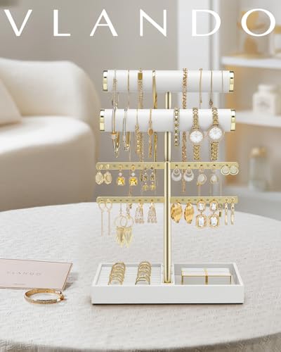 VLANDO 3 Tier Necklace Holder Organizer with Tray Leather Bracelet Holder Display for Women Gold Jewelry Stand for Bracelet Necklace Earrings Rings White - Image 3