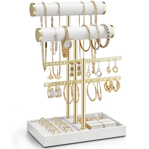 VLANDO 3 Tier Necklace Holder Organizer with Tray Leather Bracelet Holder Display for Women Gold Jewelry Stand for Bracelet Necklace Earrings Rings White - Image 1