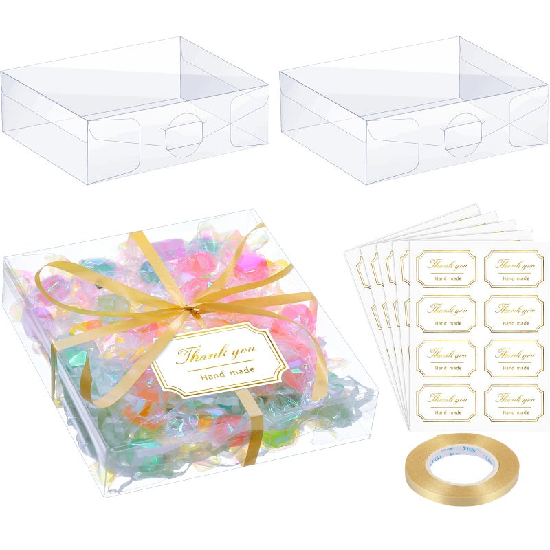 TaoBary 35 Pcs Clear Favor Boxes for Gift 4 x 4 x 12 Inch Transparent Rectangle PVC Plastic Boxes 40 Pcs Thank You Label Stickers and 1 Roll Gold Ribbon for Wedding Candy Chocolate Birthday