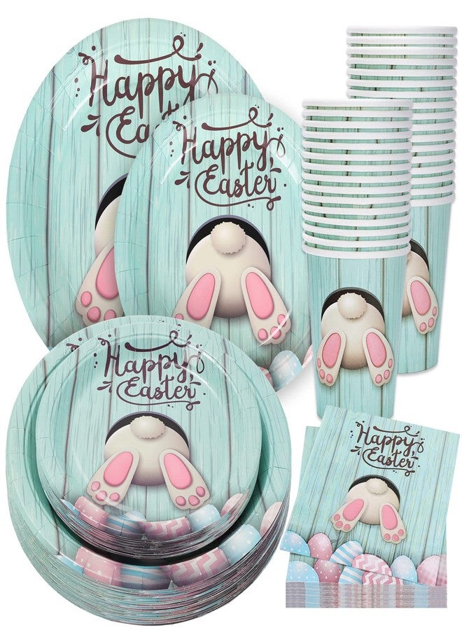 Whaline 100Pcs Easter Tableware Set Happy Easter Bunny Egg Disposable Dinnerware Set 50Pcs Paper Plates 25Pcs Napkin 25Pcs Cups for Holiday Party Supplies Table Decorations - Image 1