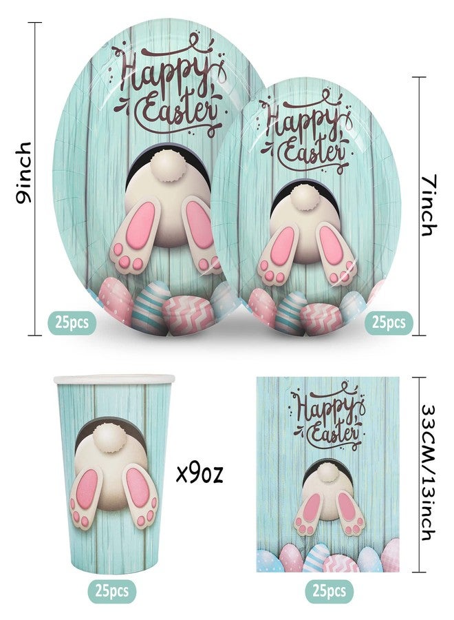 Whaline 100Pcs Easter Tableware Set Happy Easter Bunny Egg Disposable Dinnerware Set 50Pcs Paper Plates 25Pcs Napkin 25Pcs Cups for Holiday Party Supplies Table Decorations - Image 2