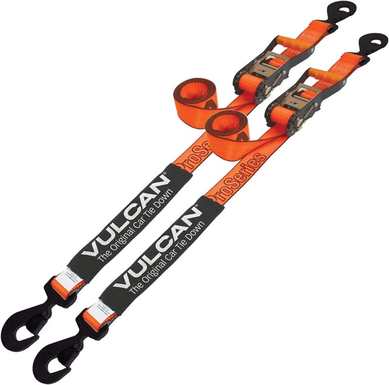 VULCAN Car Tie Down with Flat Snap Hook Ratchet - Snap Hook - 2 Inch x 96 Inch - 2 Pack - PROSeries - 3,300 Pound Safe Working Load - Image 1
