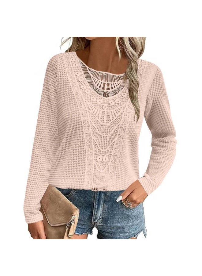 general Womens Summer Tops Short/Long Sleeve Lace Shirts Boho Crew Neck Crochet Knit Blouse Casual Fashion - Image 1
