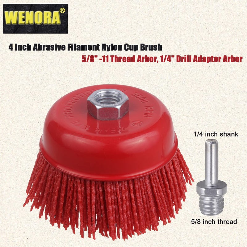 WENORA Abrasive Filament Nylon Bristle Cup Brush, 4" Nylon Cup Brush for Angle Grinder, 5/8" 11 Thread, 1/4" Drill Arbor-Remove Rust, Removal Rust Paint &Surface Prepping - Image 3