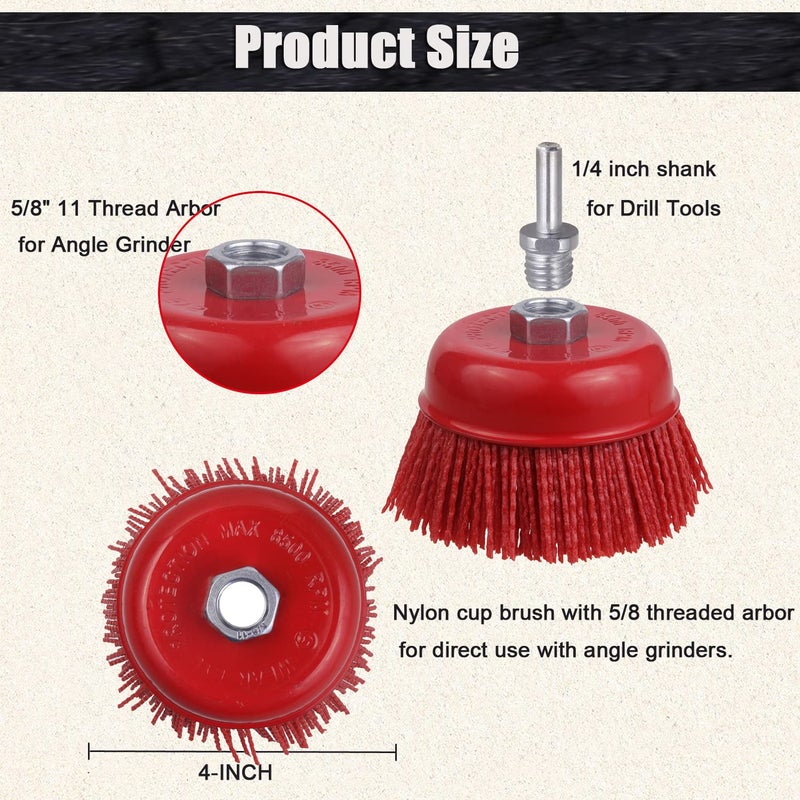 WENORA Abrasive Filament Nylon Bristle Cup Brush, 4" Nylon Cup Brush for Angle Grinder, 5/8" 11 Thread, 1/4" Drill Arbor-Remove Rust, Removal Rust Paint &Surface Prepping - Image 4