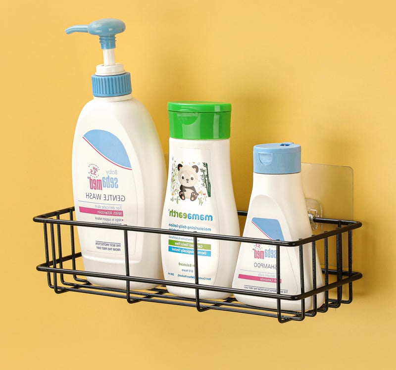 iSTAR GI Steel Self-Adhesive Multipurpose Bathroom Shelf with Hooks/Towel Holder/Bathroom Rack/Bathroom Accessories-Wall Mount - (Black,Powder Coated) Pack of 1 - Image 3