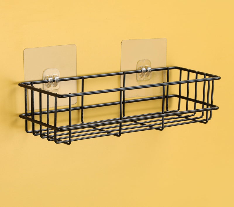 iSTAR GI Steel Self-Adhesive Multipurpose Bathroom Shelf with Hooks/Towel Holder/Bathroom Rack/Bathroom Accessories-Wall Mount - (Black,Powder Coated) Pack of 1 - Image 4