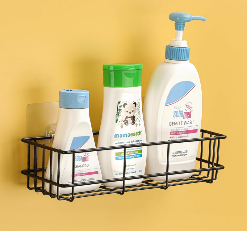 iSTAR GI Steel Self-Adhesive Multipurpose Bathroom Shelf with Hooks/Towel Holder/Bathroom Rack/Bathroom Accessories-Wall Mount - (Black,Powder Coated) Pack of 1 - Image 1