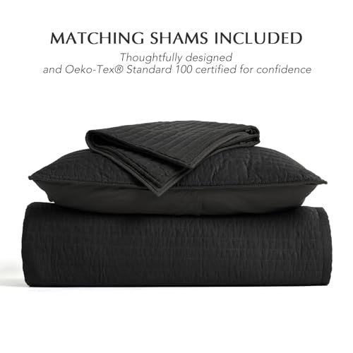 EVERGRACEHOME Cotton Sateen Quilt Set King Size, Pre-Washed Cotton Channel Stitch Coverlet Bedspread, 3 Pieces Lightweight Soft Bedding Sets for All Season, with 2 Pillow Shams, Washed Black - Image 5