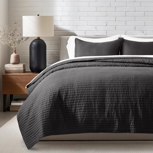 EVERGRACEHOME Cotton Sateen Quilt Set King Size, Pre-Washed Cotton Channel Stitch Coverlet Bedspread, 3 Pieces Lightweight Soft Bedding Sets for All Season, with 2 Pillow Shams, Washed Black - Image 1