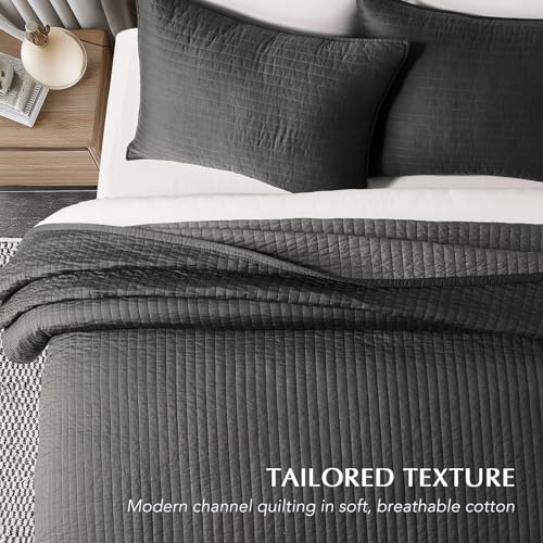 EVERGRACEHOME Cotton Sateen Quilt Set King Size, Pre-Washed Cotton Channel Stitch Coverlet Bedspread, 3 Pieces Lightweight Soft Bedding Sets for All Season, with 2 Pillow Shams, Washed Black - Image 3