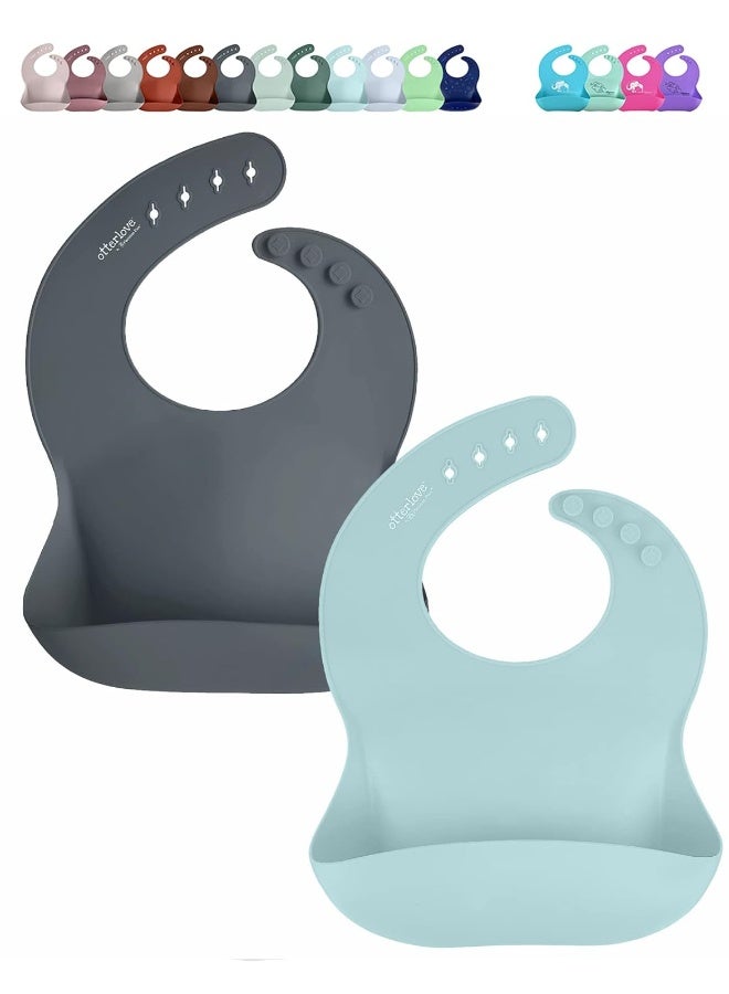 otterlove Silicone Baby Bibs with No Fillers, Wide Food Catching Pocket, Mint and Smoke, Pack of 2 - Image 1