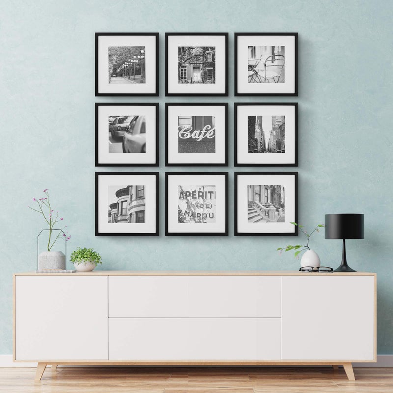 Gallery Perfect 12x12 Picture Frames, 9 Piece Set with Real Glass Cover for 8x8 Photos With Mat, Picture Frames Collage Wall Decor for Gallery Wall, Home Decor, Black - Image 2