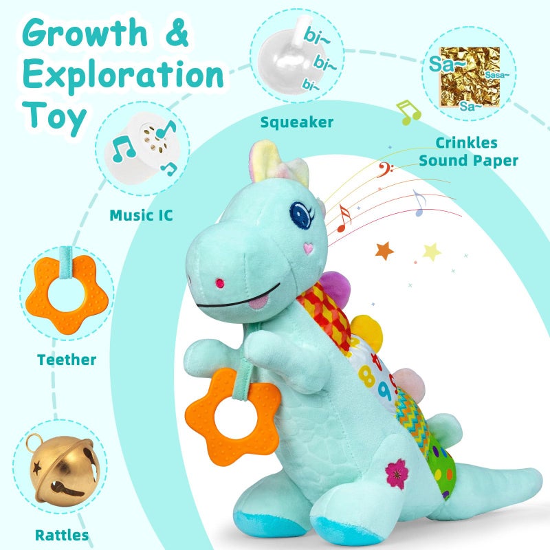 Holaxander Baby Dino Plush Soft Stuffed Animal Toy for 0-3-6-12+ Months,Infant Musical Toy with Rattle,Squeaker,Sensory Crinkle,Teether & Textures,Tummy Time Toys Christmas Baby Gift for Newborn Girl Boy (Blue) - Image 3
